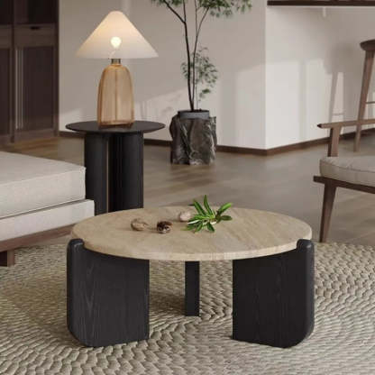 Rustic Small Round Travertine Coffee Table — Brown
