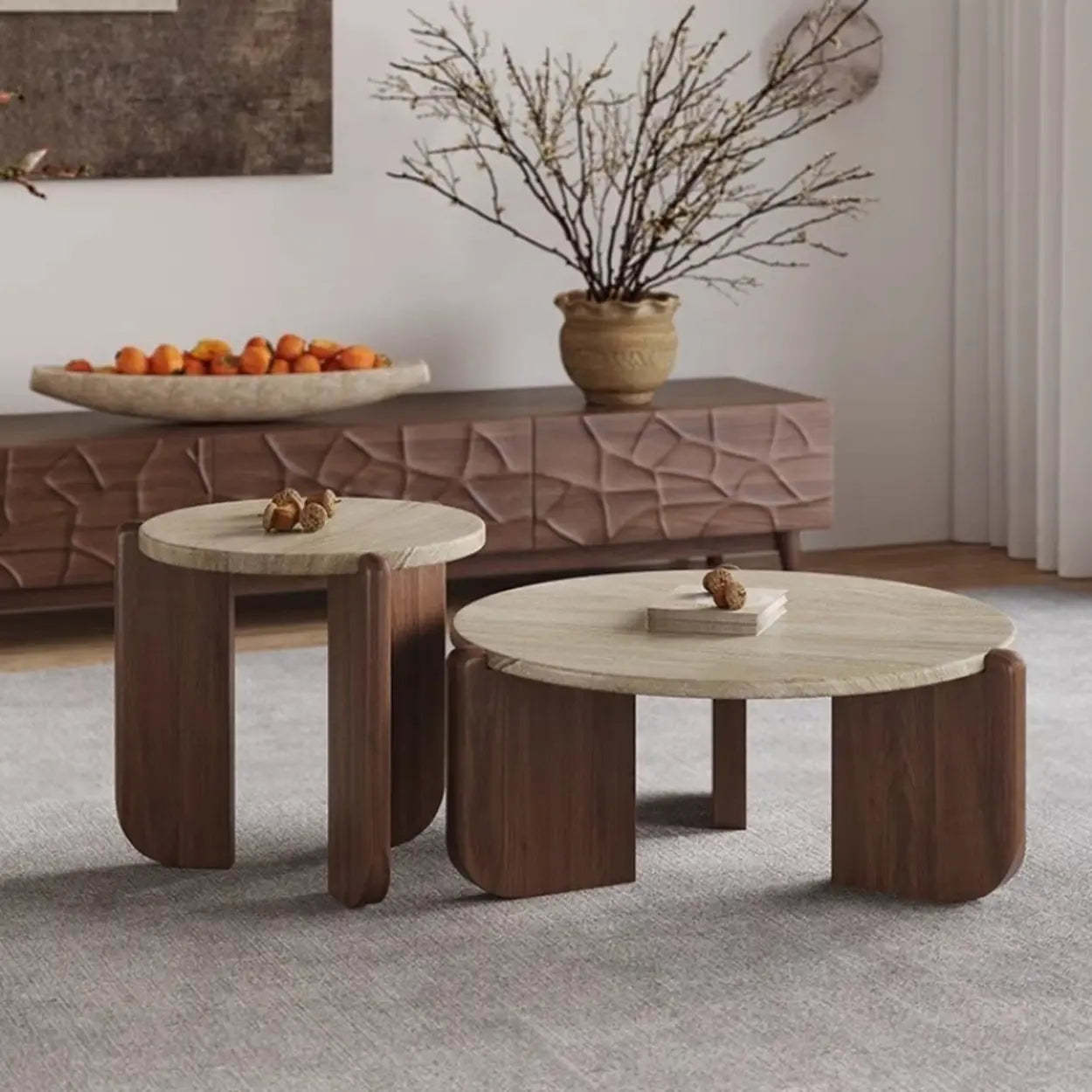 Rustic Small Round Travertine Coffee Table — Black