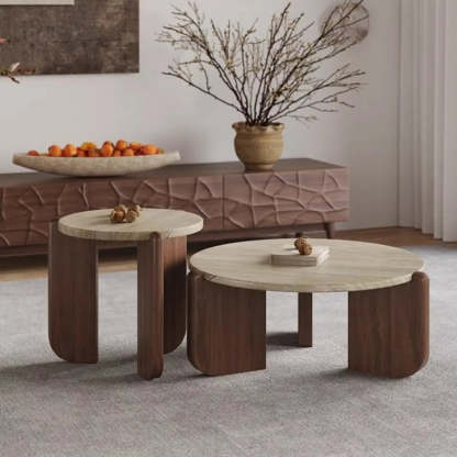 Rustic Small Round Travertine Coffee Table — Black
