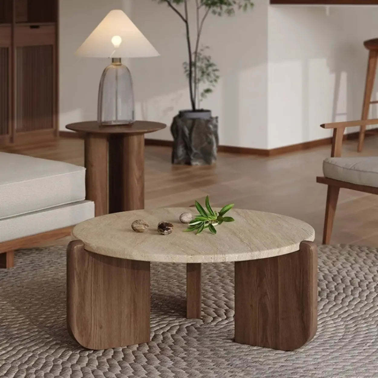Rustic Small Round Travertine Coffee Table — Brown