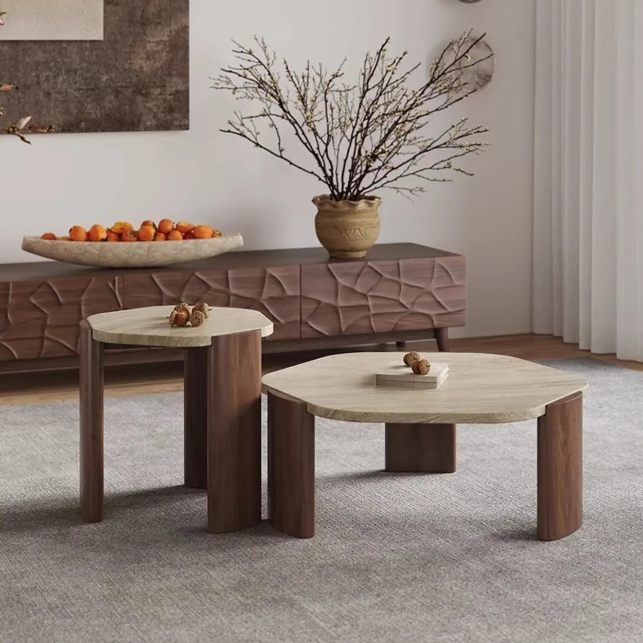 Rustic Small Round Travertine Coffee Table — Brown