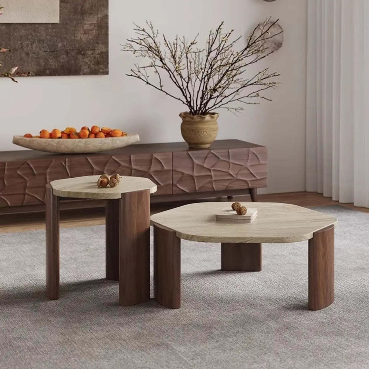 Rustic Small Round Travertine Coffee Table — Brown