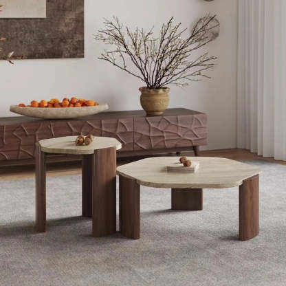 Rustic Small Round Travertine Coffee Table — Brown