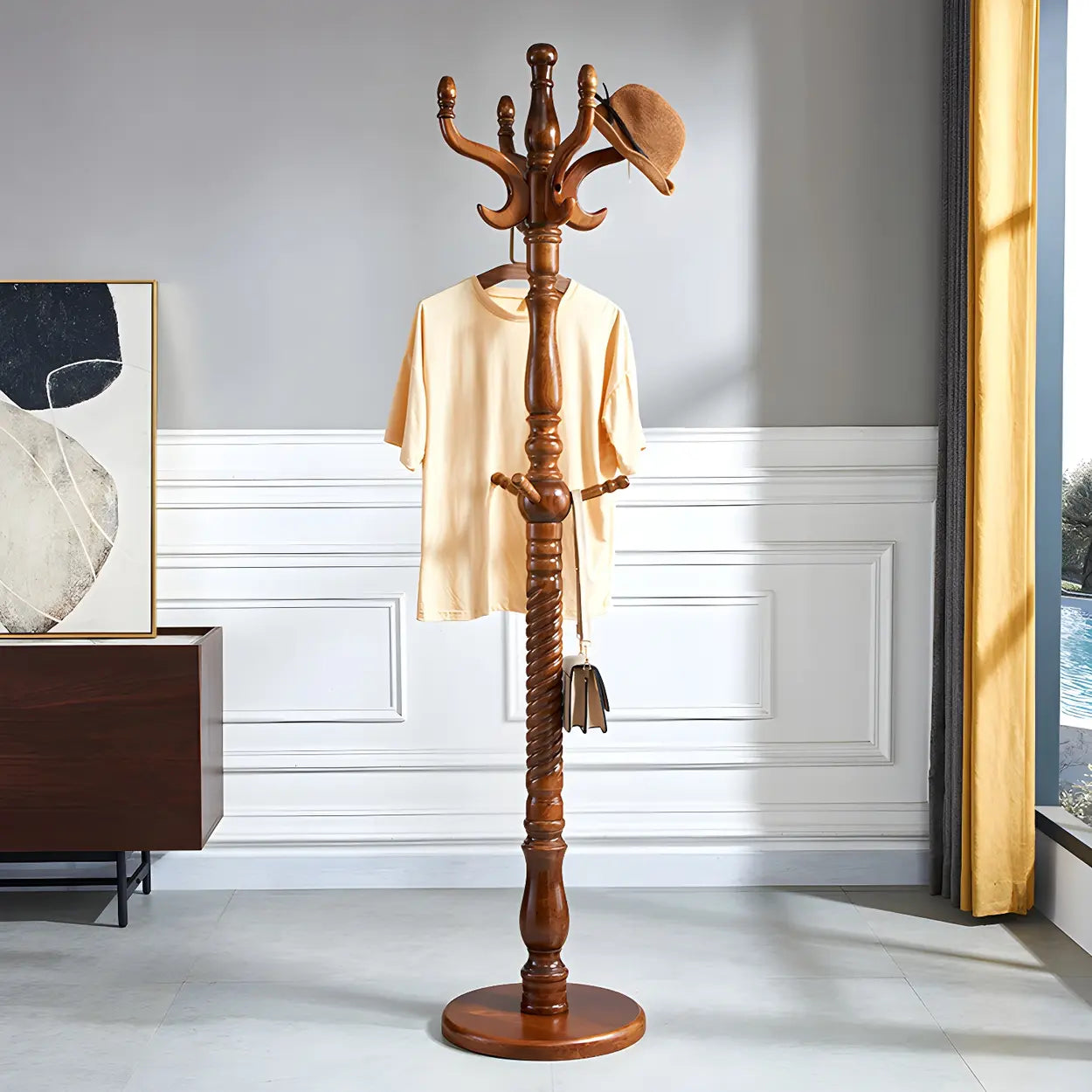 Rustic Spiral Brown Wood Freestanding Hall Tree with Hooks — Brown