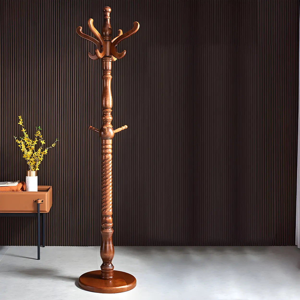 Rustic Spiral Brown Wood Freestanding Hall Tree with Hooks