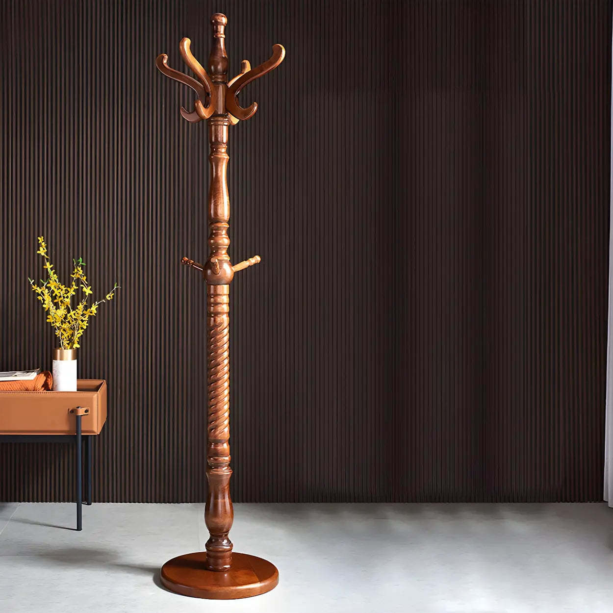 Rustic Spiral Brown Wood Freestanding Hall Tree with Hooks