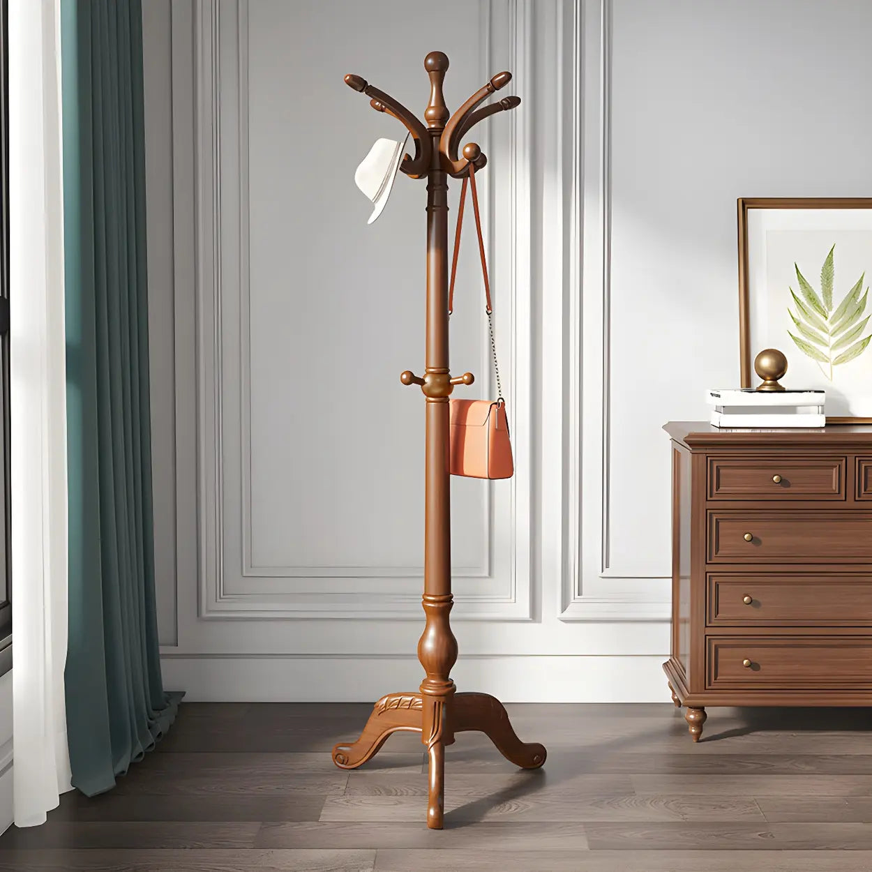 Rustic Spiral Brown Wood Freestanding Hall Tree with Hooks