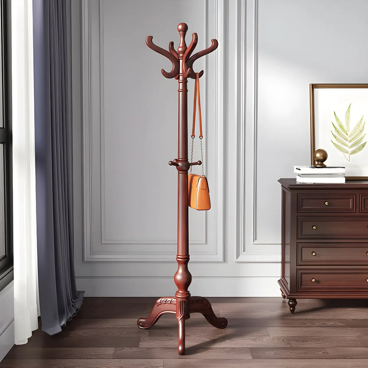 Rustic Spiral Brown Wood Freestanding Hall Tree with Hooks — Brown-Khaki