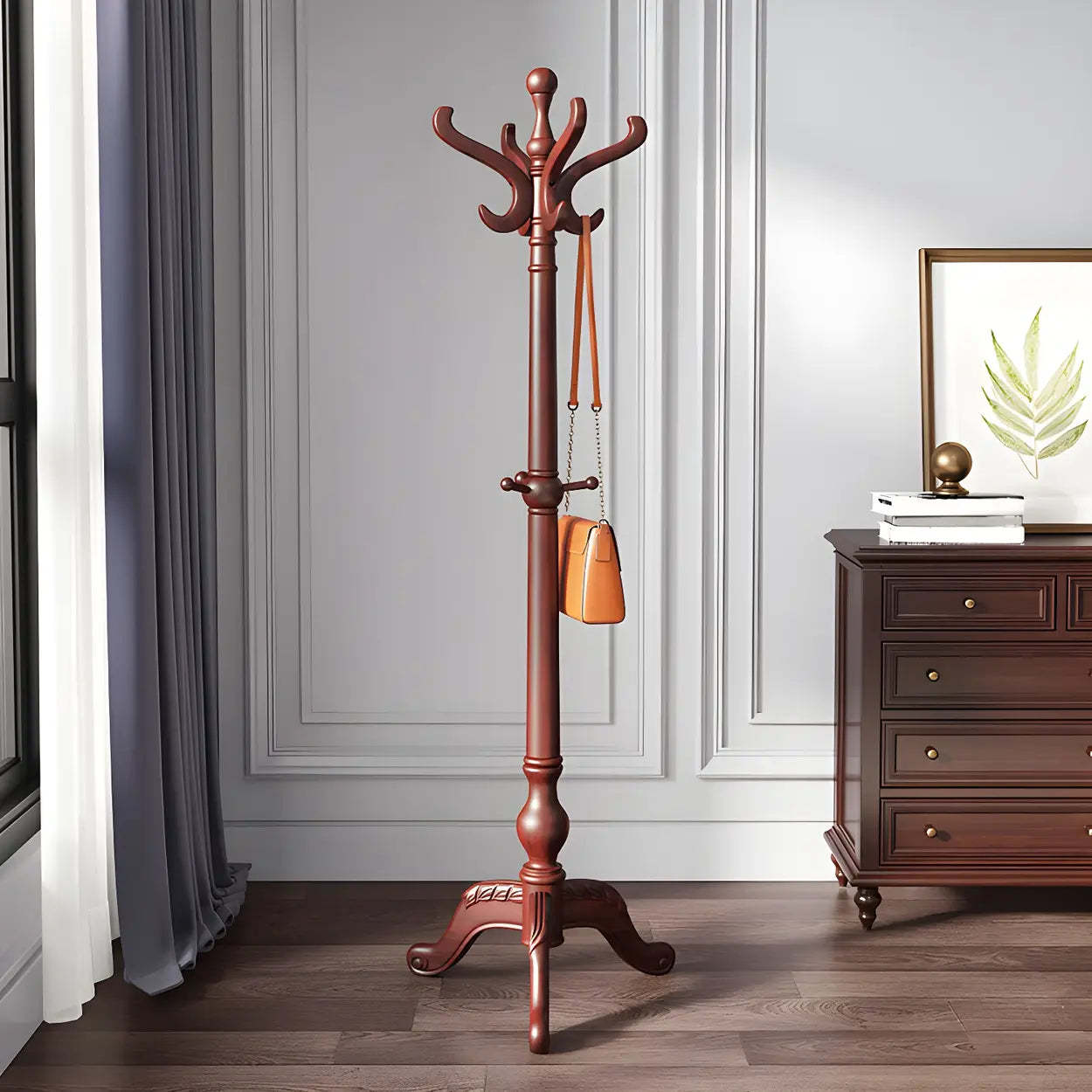 Rustic Spiral Brown Wood Freestanding Hall Tree with Hooks — Brown-Khaki