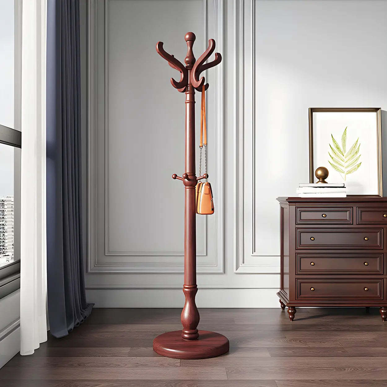 Hall freestanding wood hall trees & coat racks for entryway — 16.5" L x 16.5" W x 74" H / Brown & Khaki