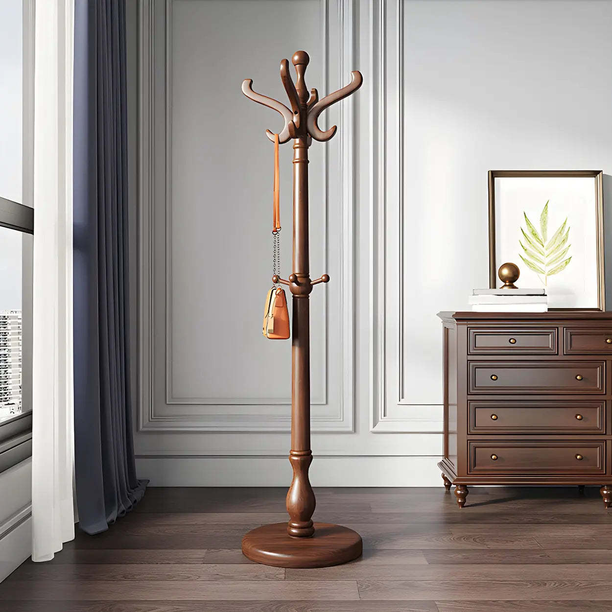 Rustic Spiral Brown Wood Freestanding Hall Tree with Hooks — Tan