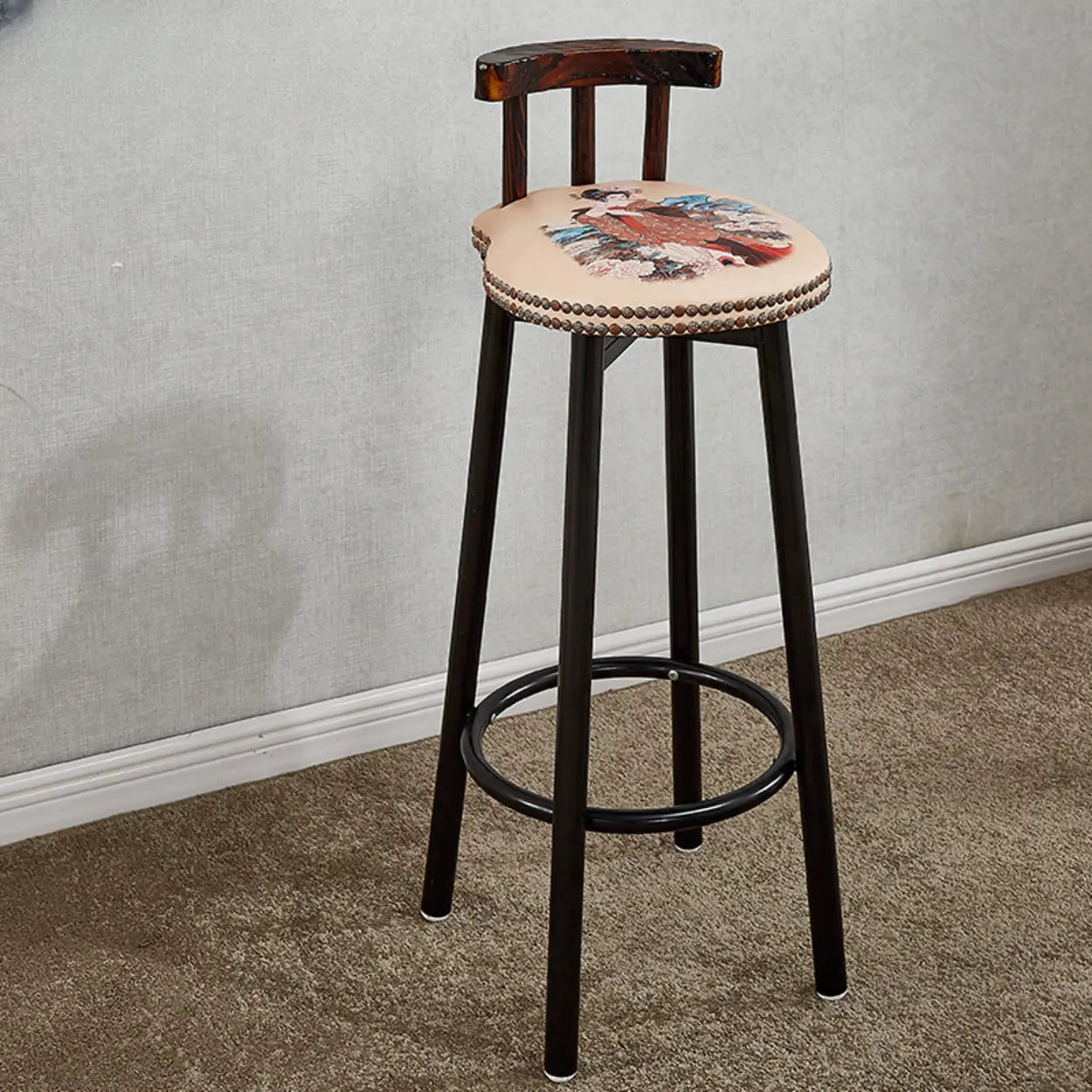 Rustic Multicolor Fabric Round Swivel Bar Stool — White-Blue