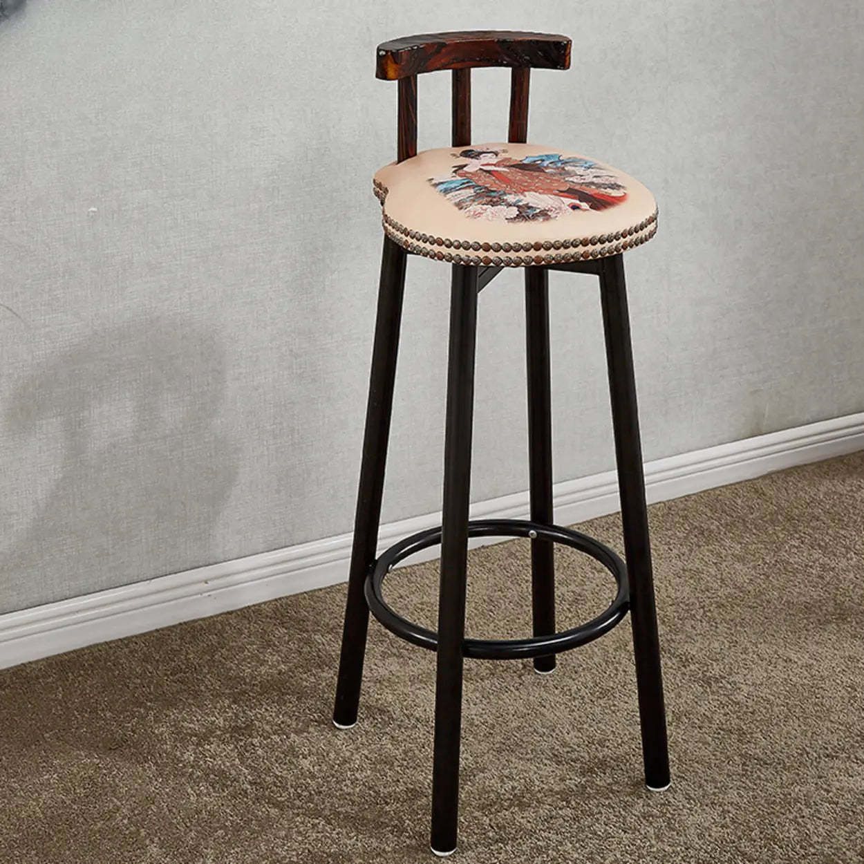Rustic Multicolor Fabric Round Swivel Bar Stool — White-Blue