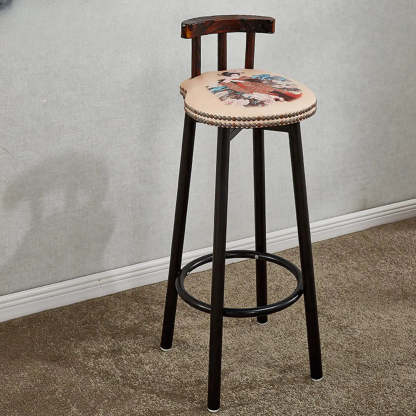 Rustic Multicolor Fabric Round Swivel Bar Stool — White-Blue