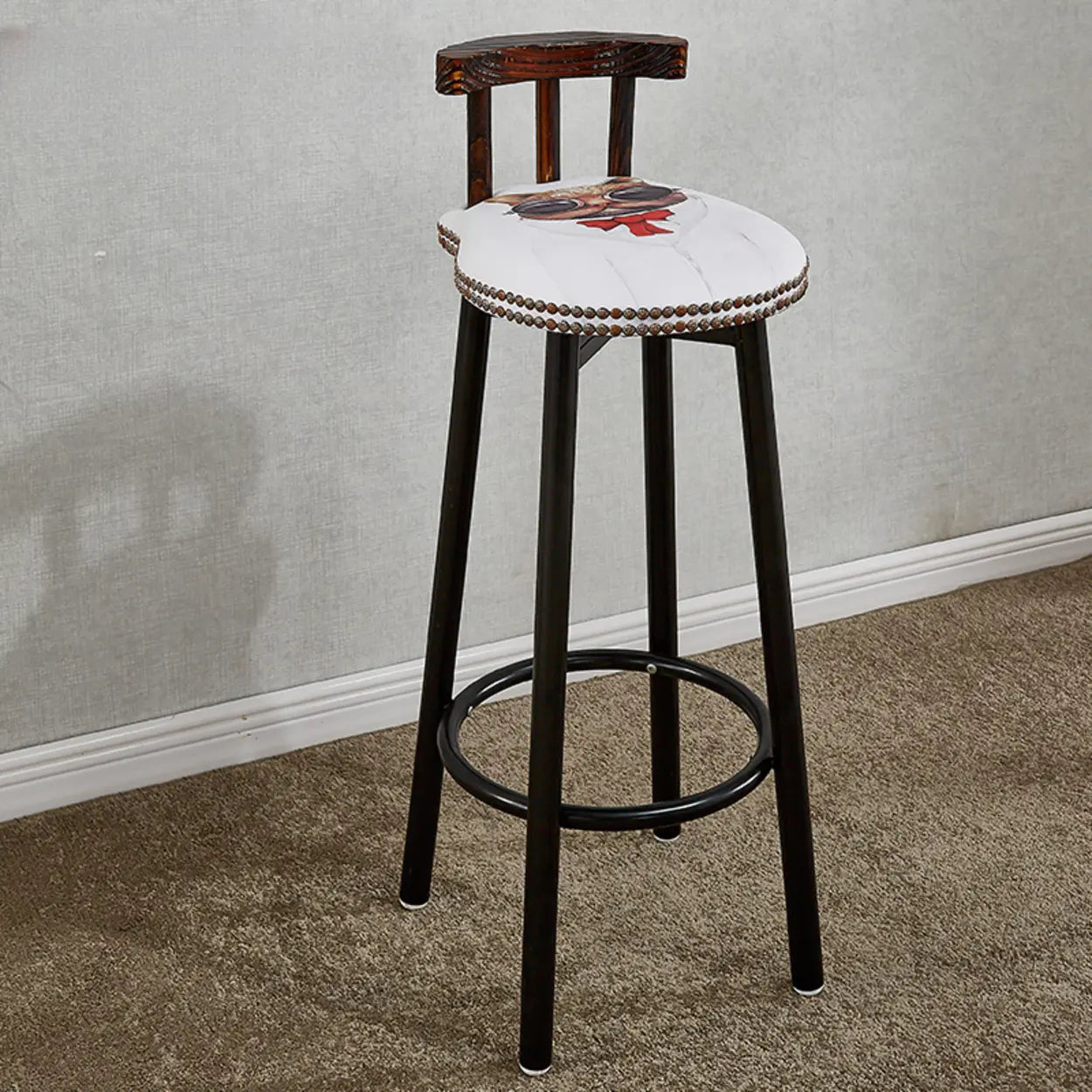 Rustic Multicolor Fabric Round Swivel Bar Stool — White-Red