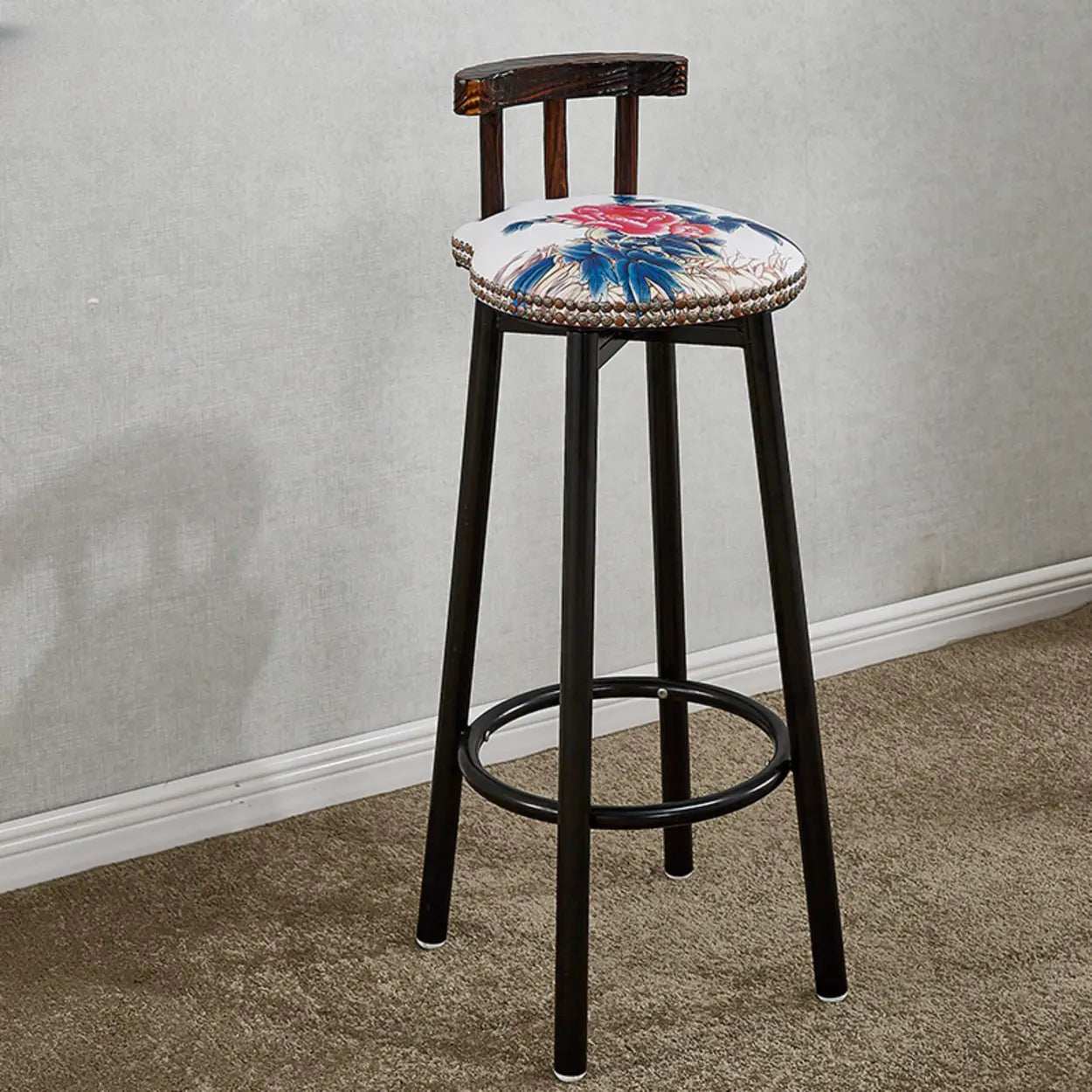 Rustic Multicolor Fabric Round Swivel Bar Stool — White-Navy