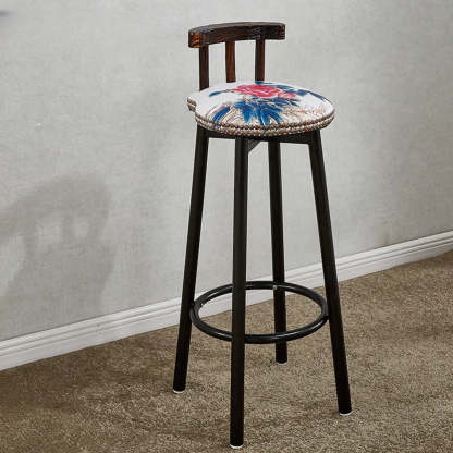 Rustic Multicolor Fabric Round Swivel Bar Stool — White-Navy