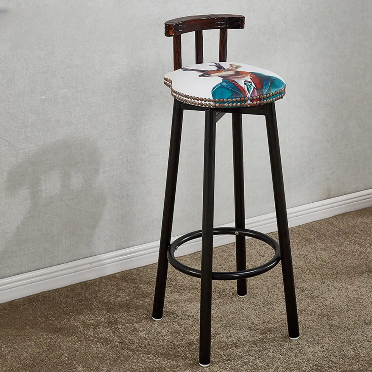 Rustic Multicolor Fabric Round Swivel Bar Stool — Brown