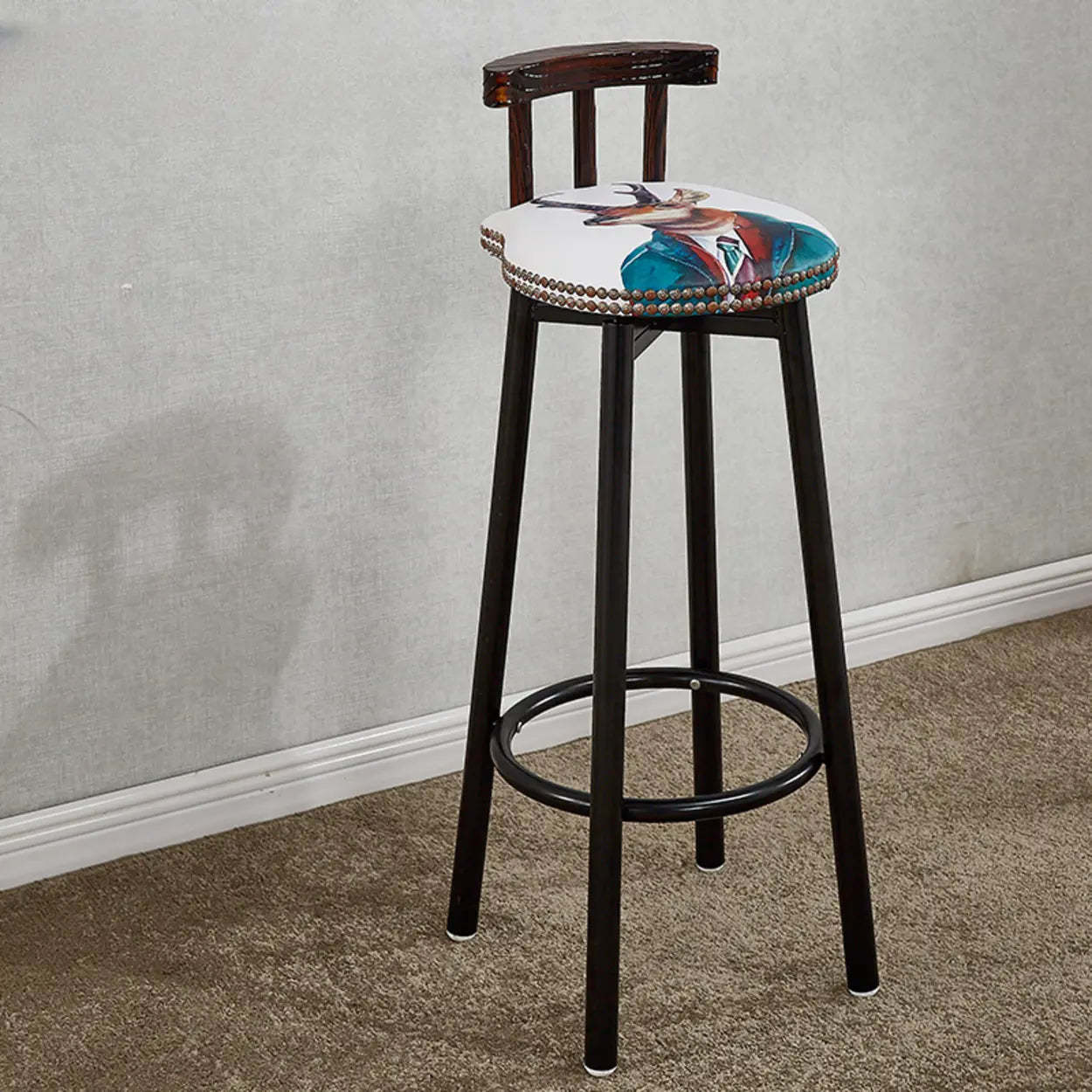 Rustic Multicolor Fabric Round Swivel Bar Stool — Brown