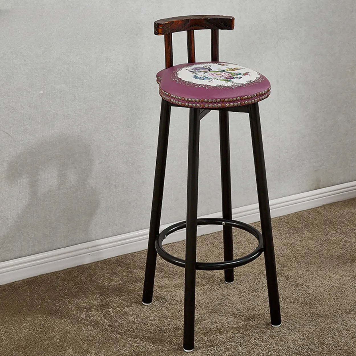 Rustic Multicolor Fabric Round Swivel Bar Stool