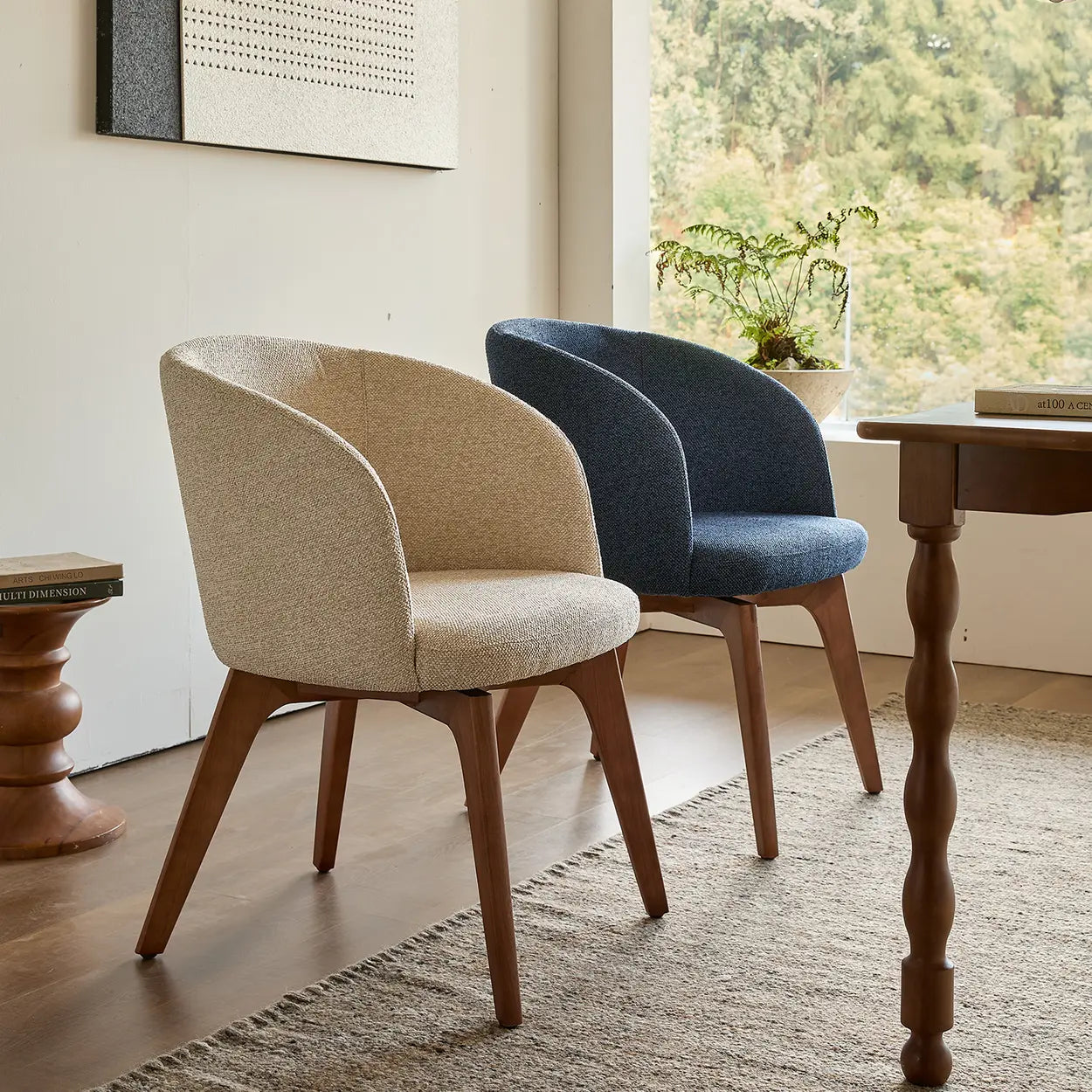 Rustic Swivel Upholstered Curved Back Dining Chair — Yellow / Walnut