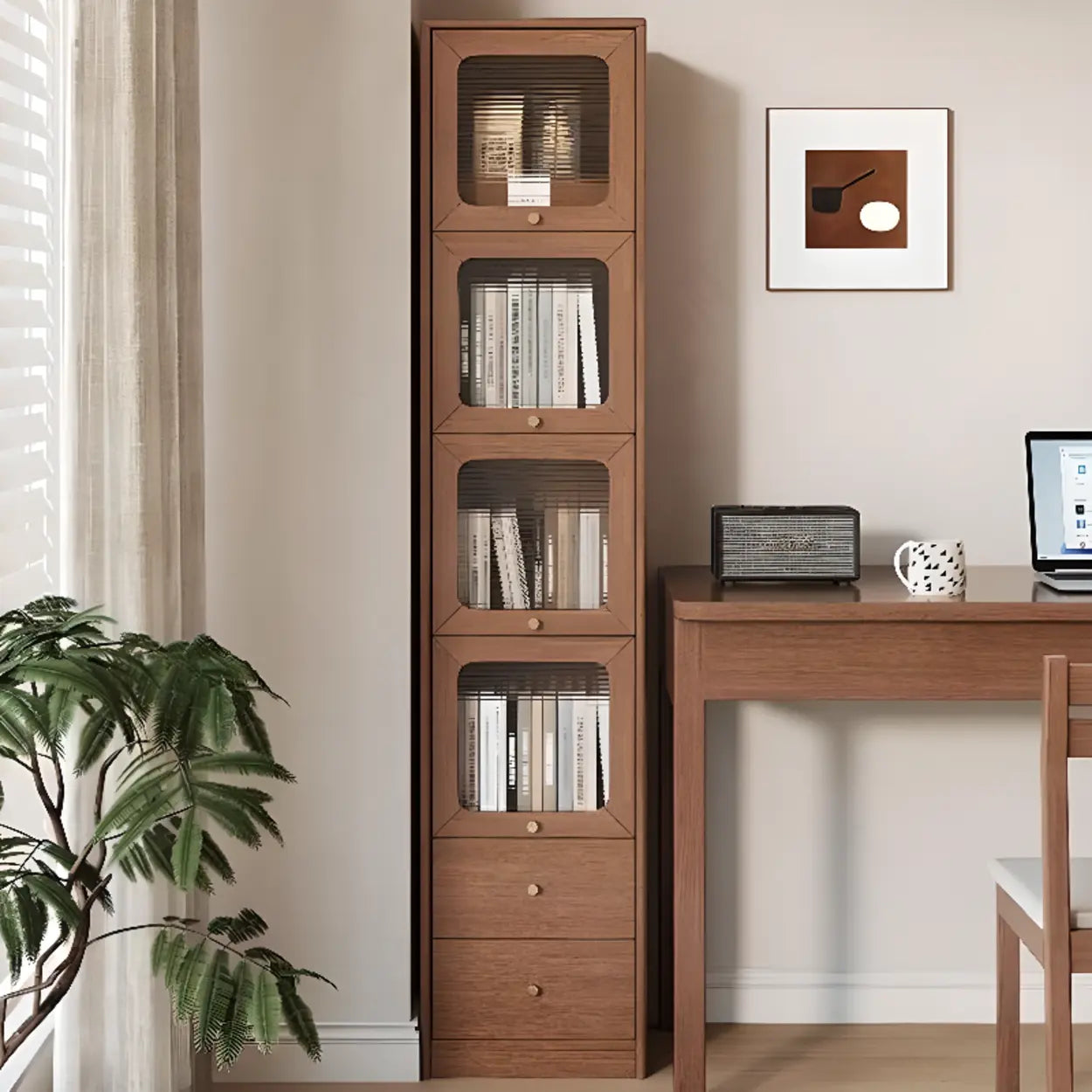 Rustic Tall Narrow Wood Bookcase with Glass Doors