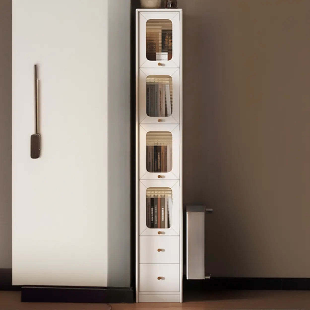 Rustic Tall Narrow Wood Bookcase with Glass Doors — Nut/Brown
