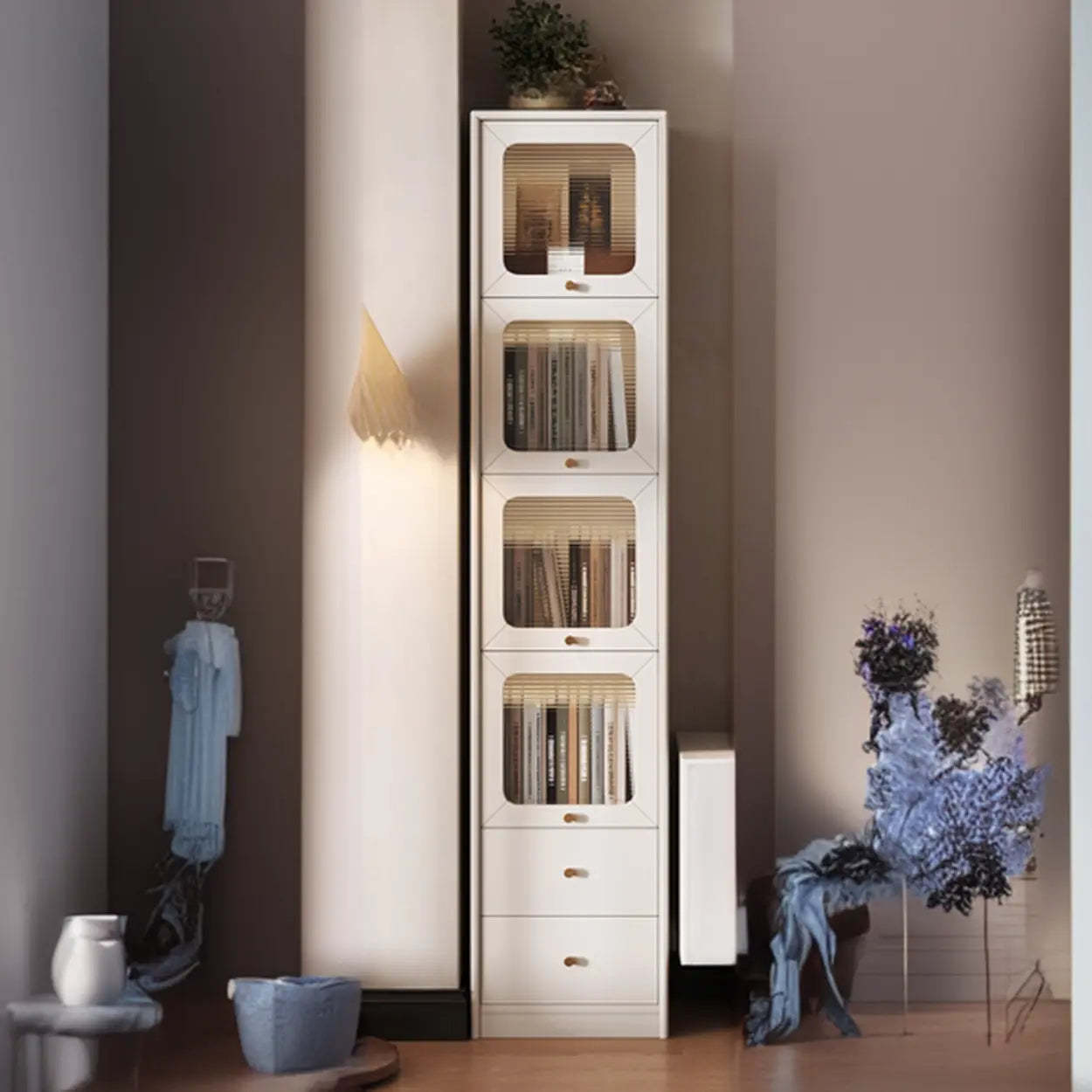 Rustic Tall Narrow Wood Bookcase with Glass Doors — Nut/Brown