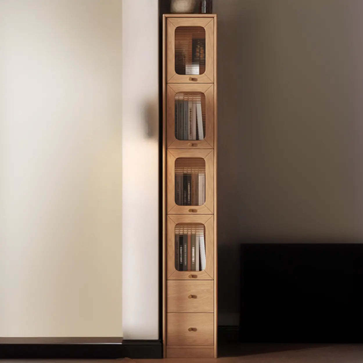 Rustic Tall Narrow Wood Bookcase with Glass Doors — Natural