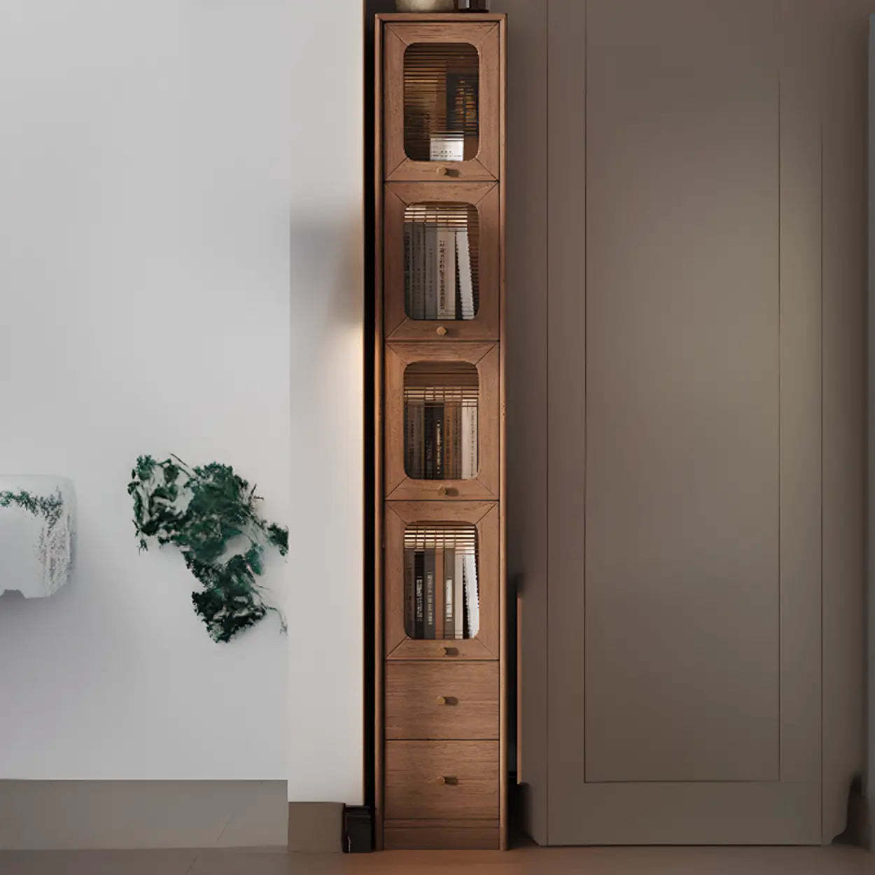 Rustic Tall Narrow Wood Bookcase with Glass Doors — Natural