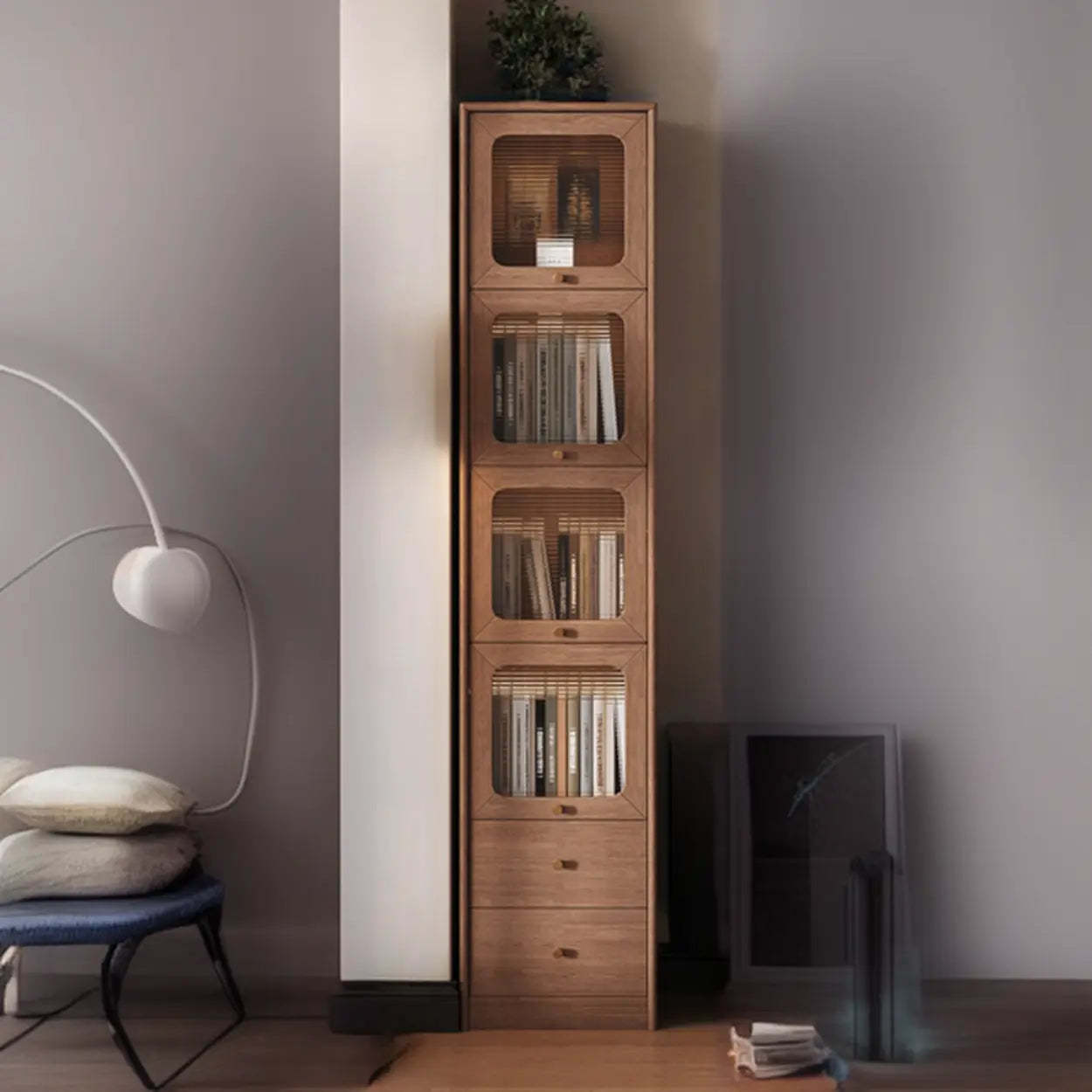 Rustic Tall Narrow Wood Bookcase with Glass Doors — Natural