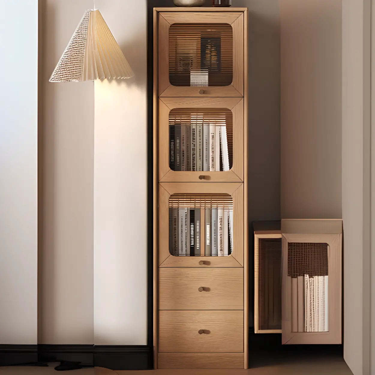 Rustic Tall Narrow Wood Bookcase with Glass Doors — Natural