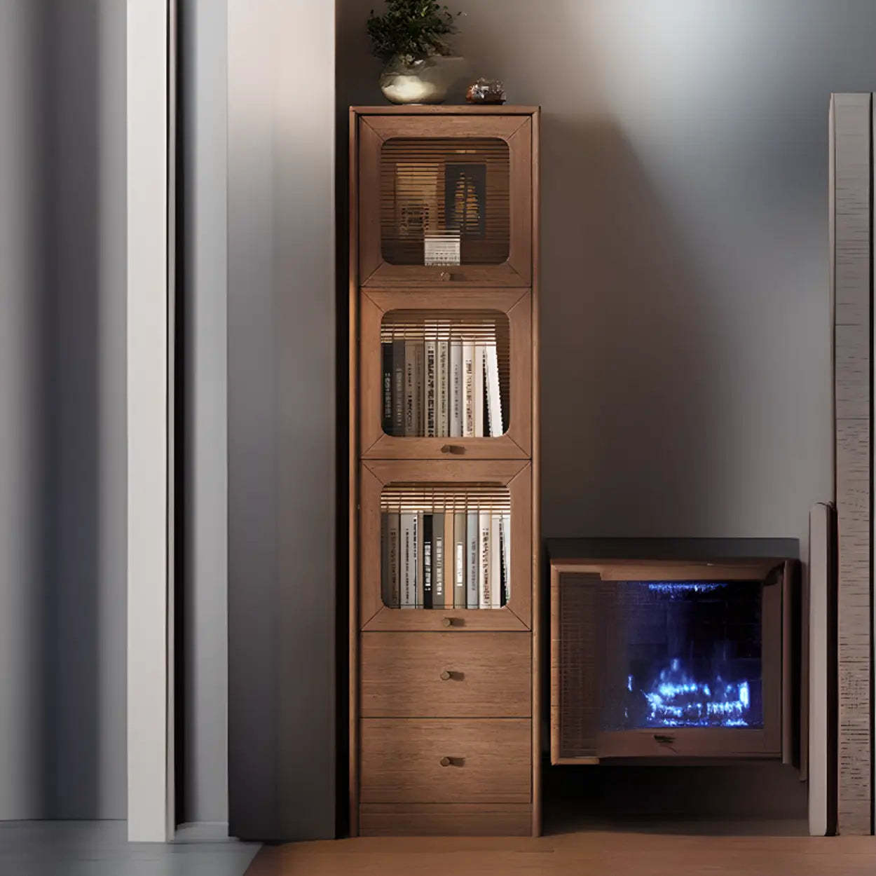 Rustic Tall Narrow Wood Bookcase with Glass Doors