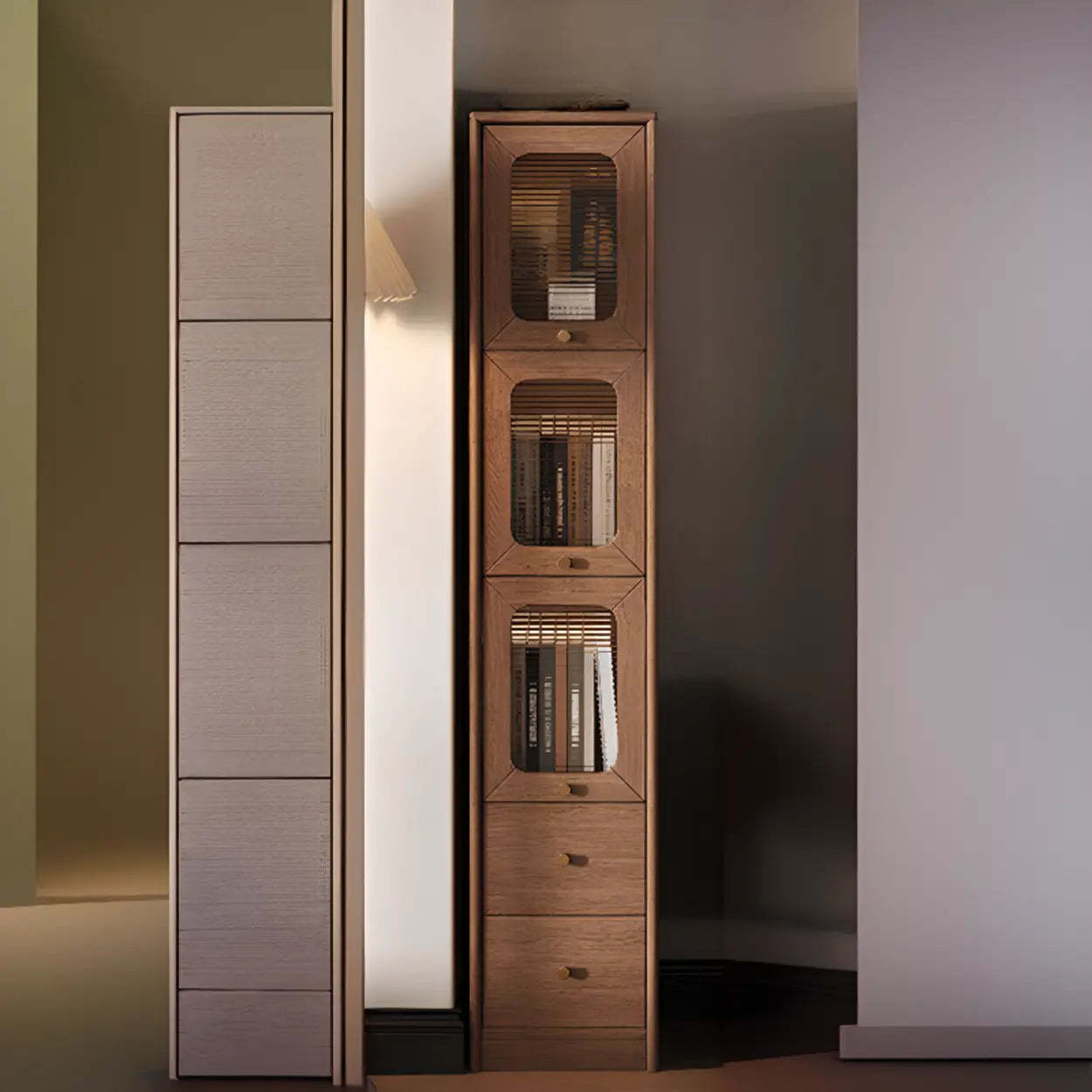 Rustic Tall Narrow Wood Bookcase with Glass Doors