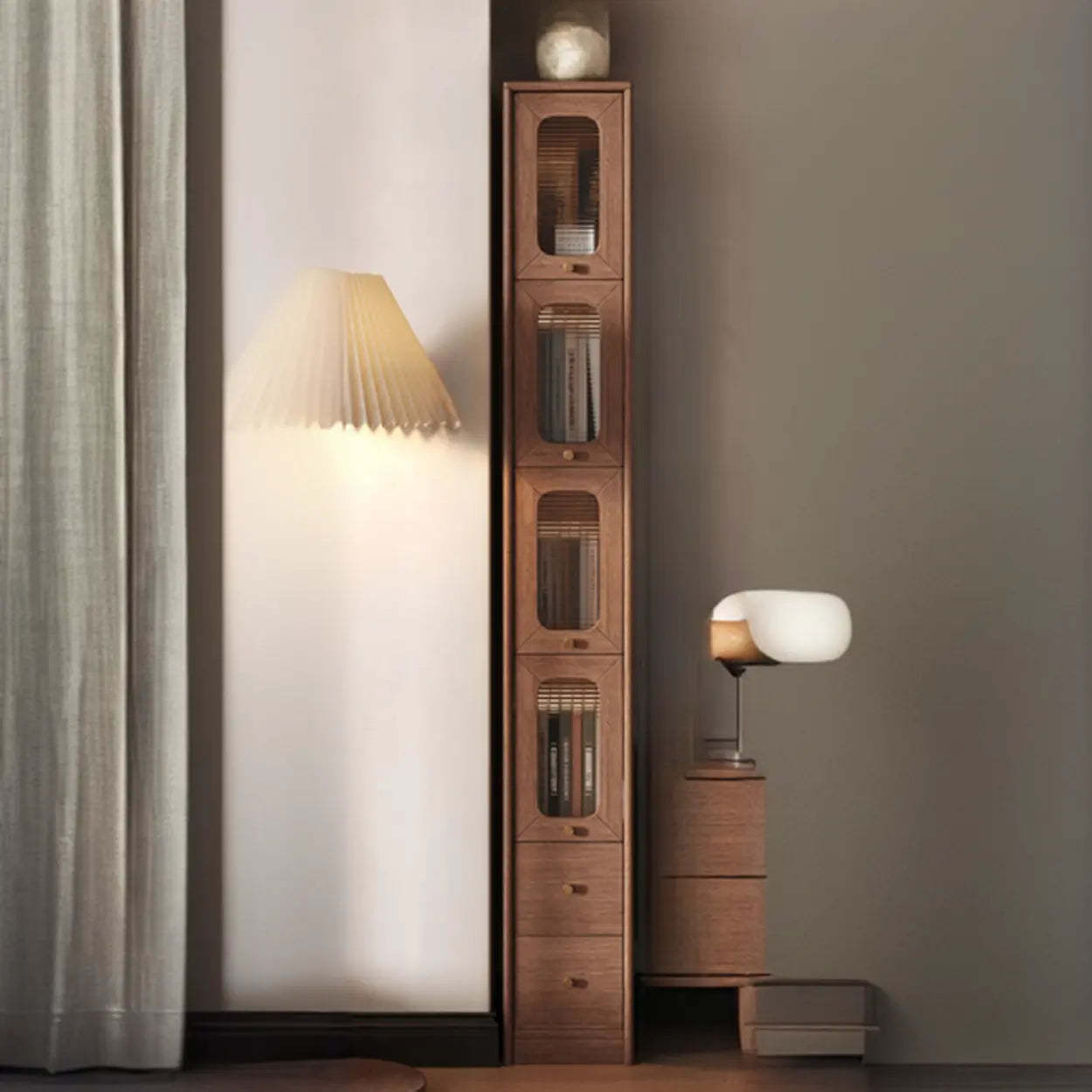 Rustic Tall Narrow Wood Bookcase with Glass Doors