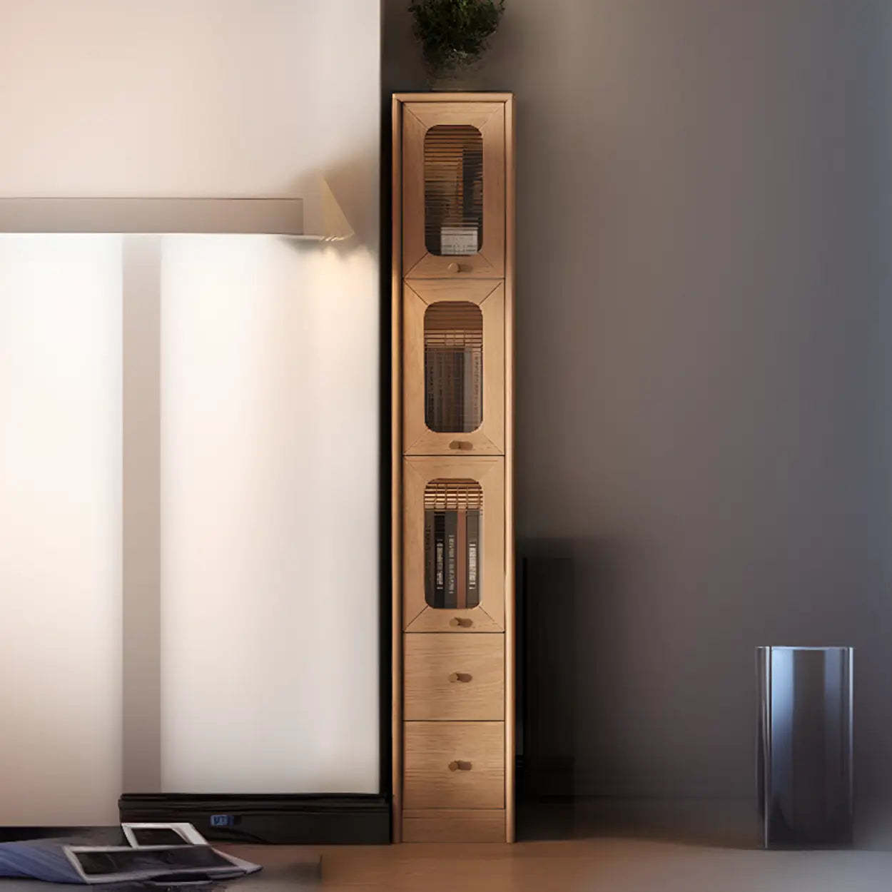 Rustic Tall Narrow Wood Bookcase with Glass Doors