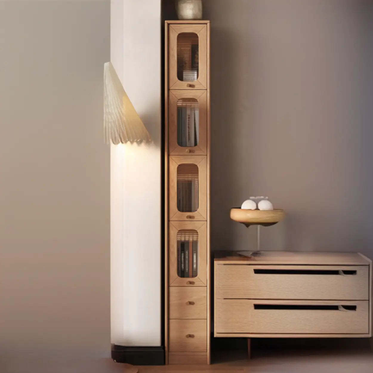 Wood glass wood fabric doors tall display cabinets - modern