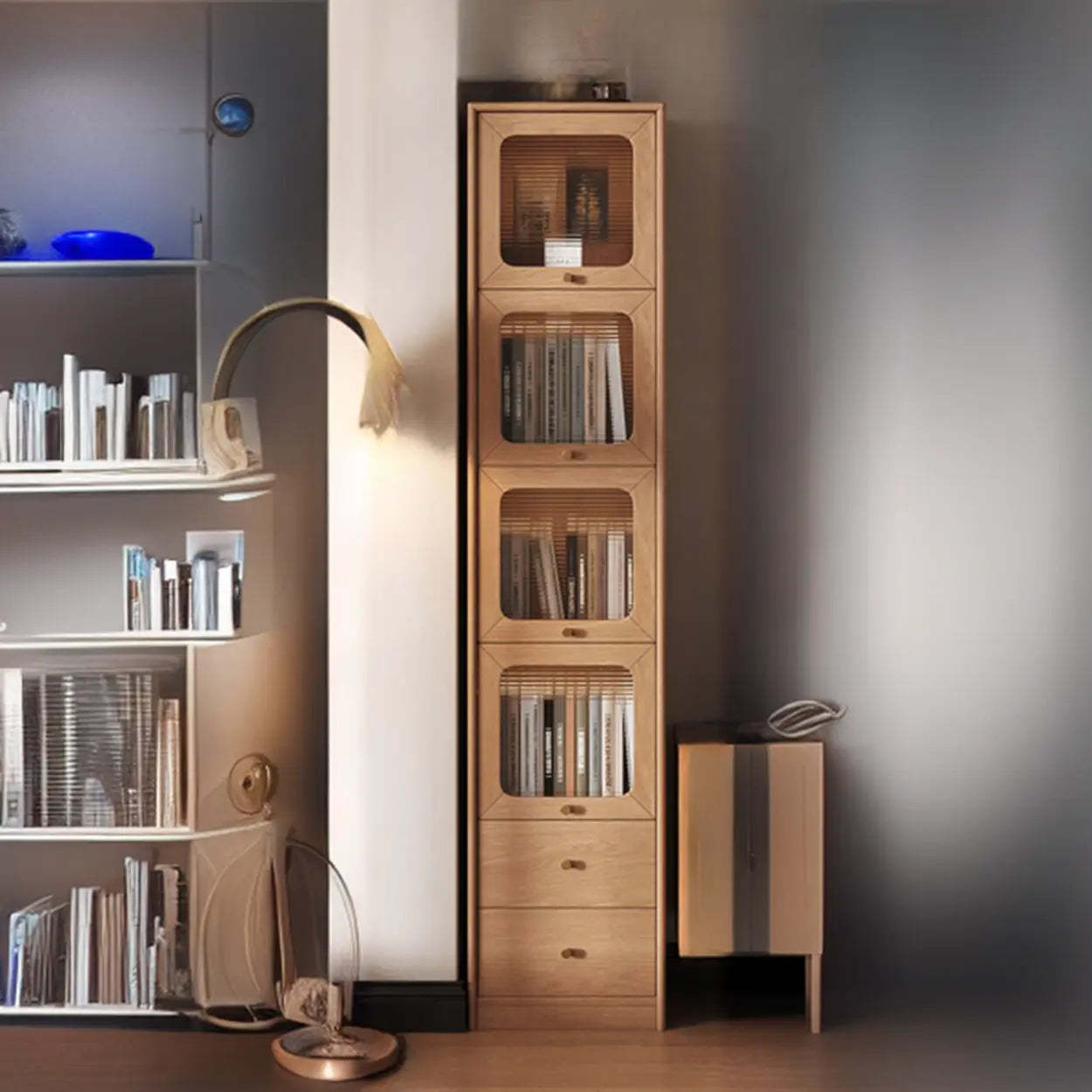 Rustic Tall Narrow Wood Bookcase with Glass Doors