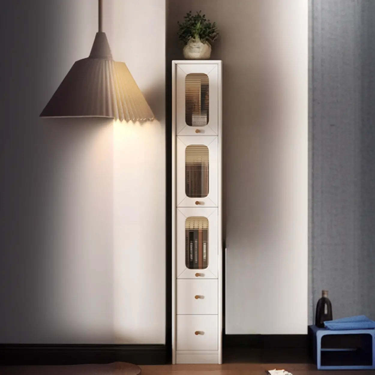Rustic Tall Narrow Wood Bookcase with Glass Doors — White