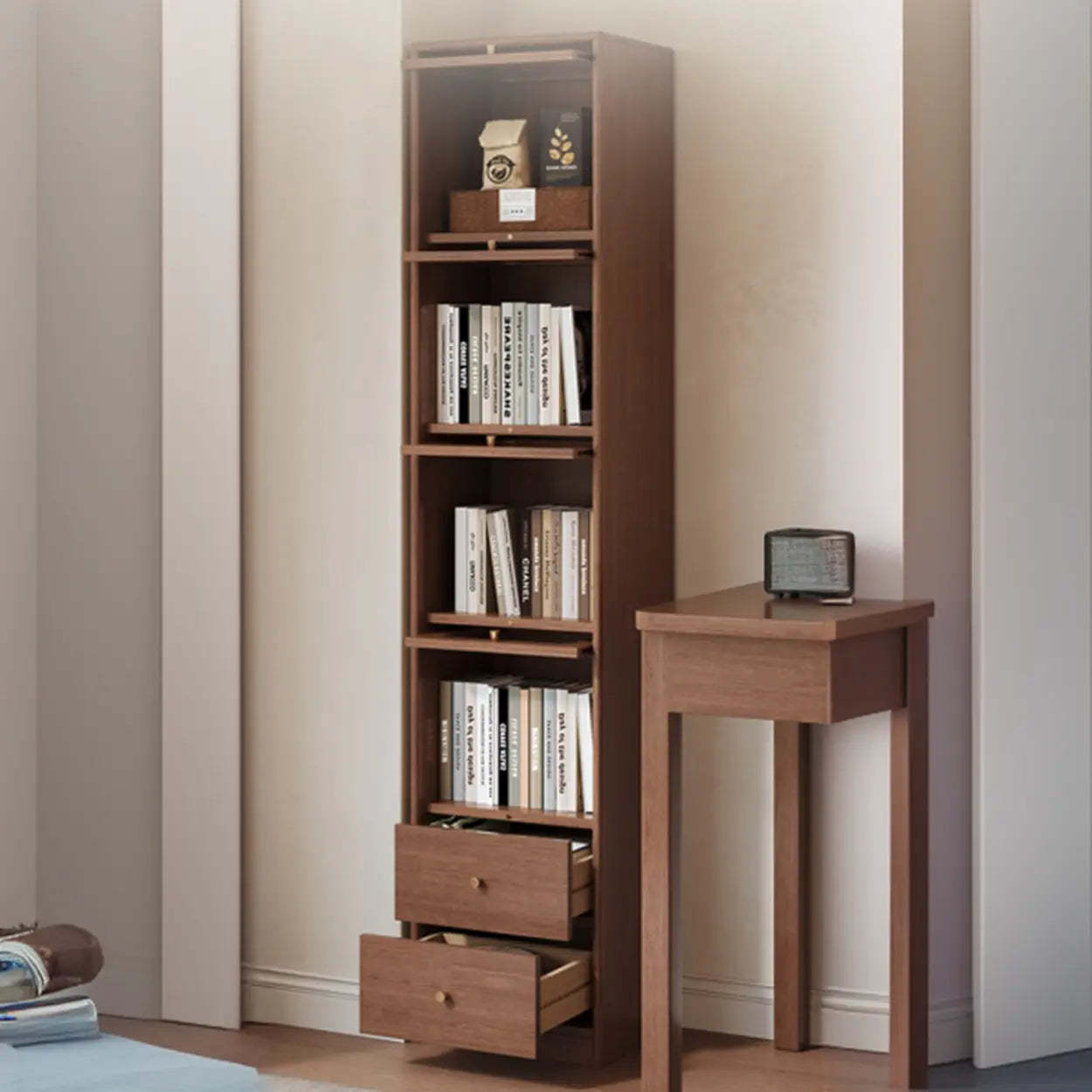 Rustic Tall Narrow Wood Bookcase with Glass Doors — White