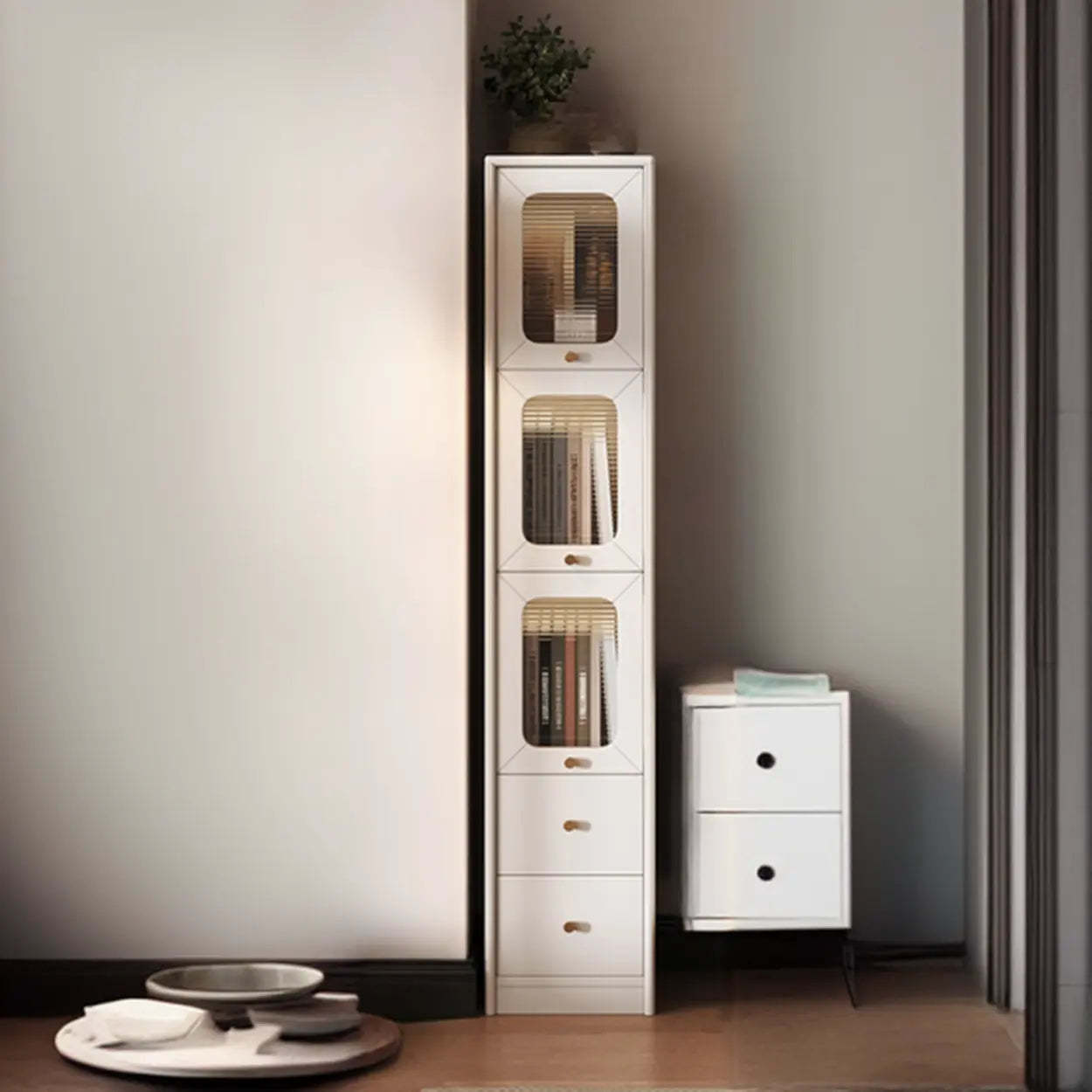 Rustic Tall Narrow Wood Bookcase with Glass Doors — White