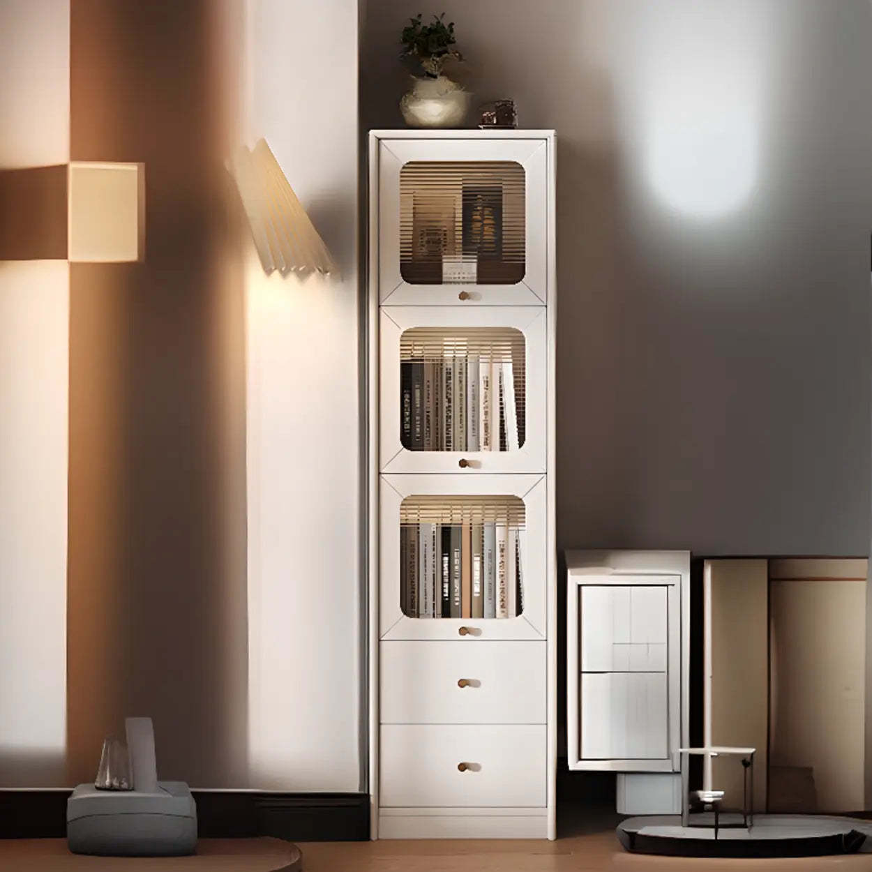 Rustic Tall Narrow Wood Bookcase with Glass Doors — White