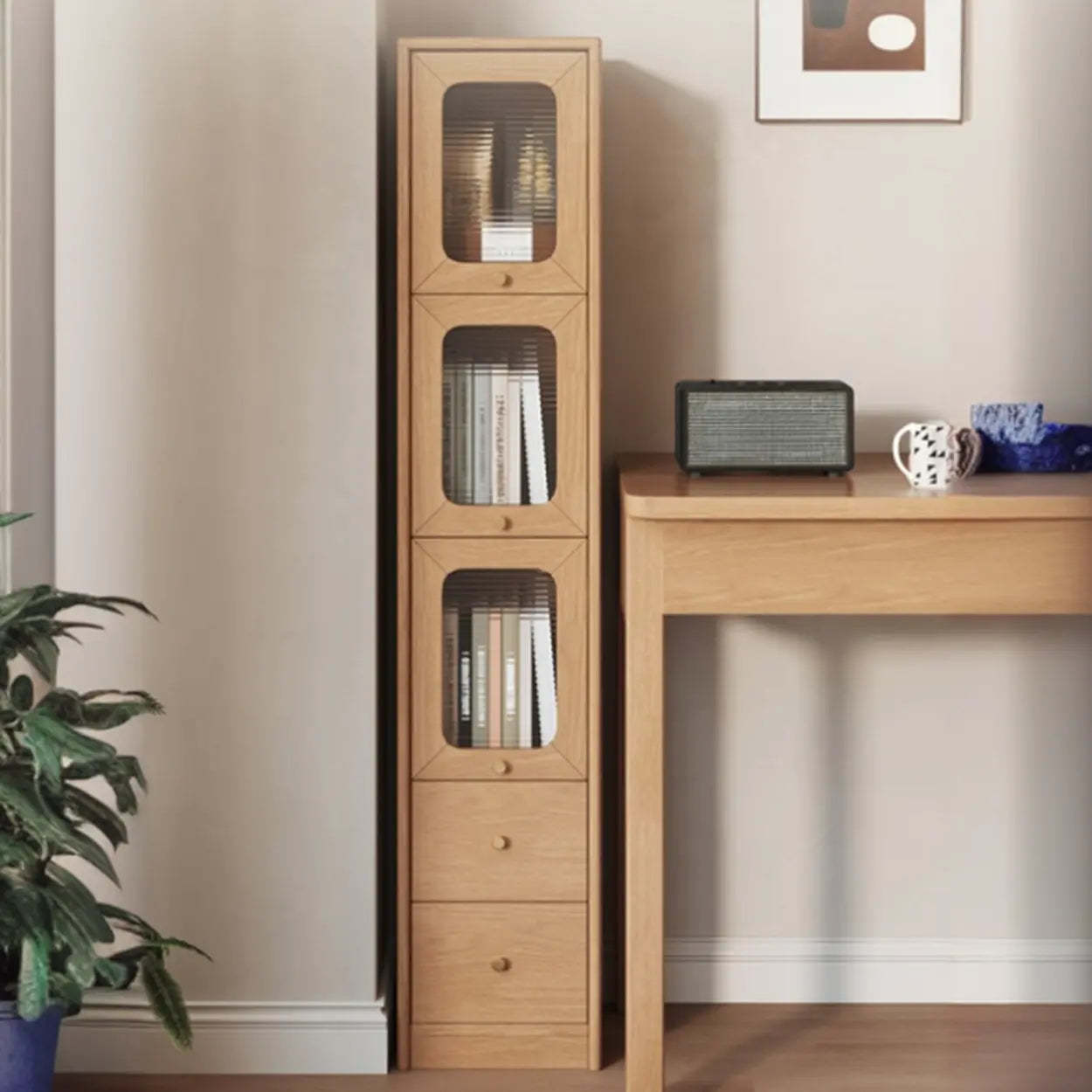 Rustic Tall Narrow Wood Bookcase with Glass Doors — White