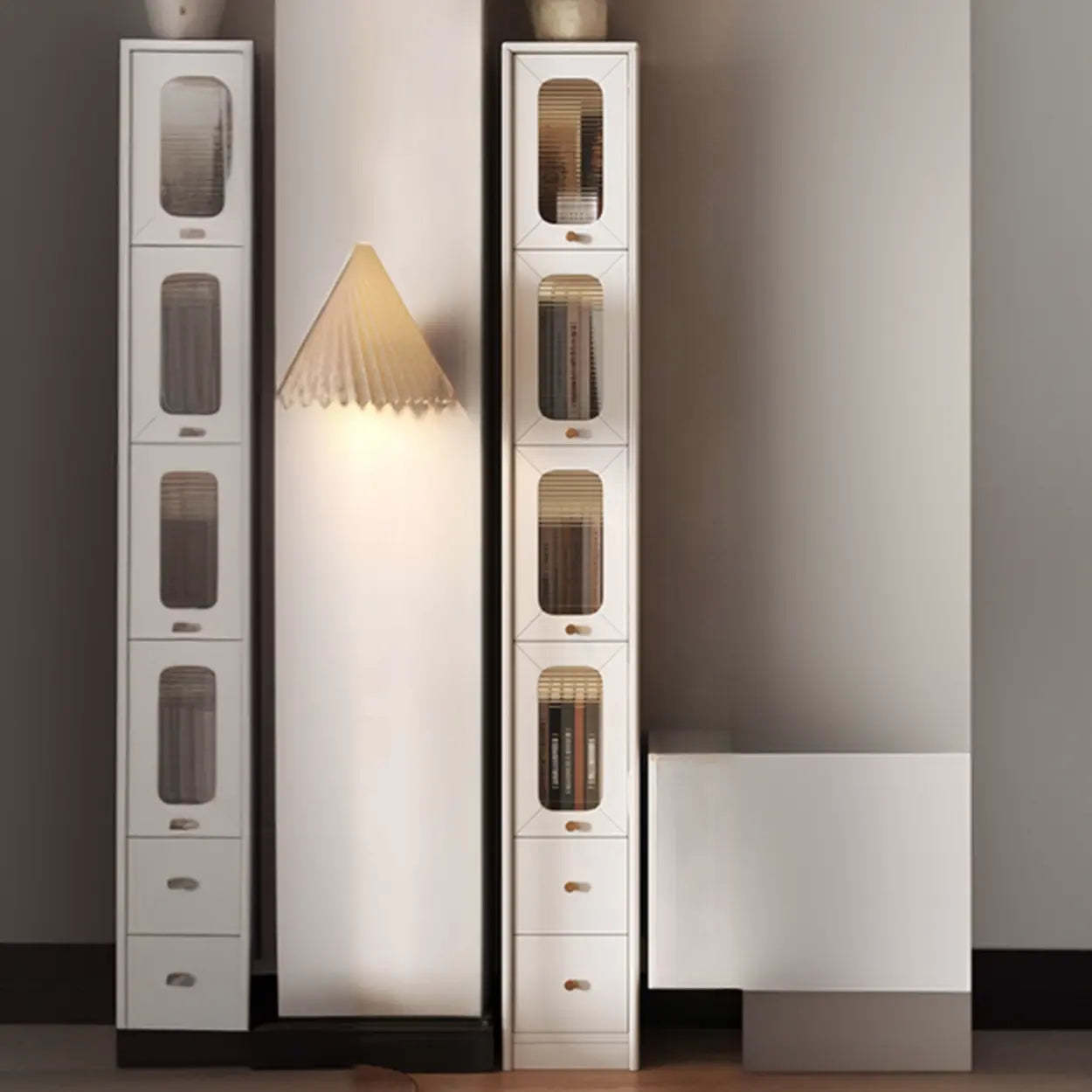 Rustic Tall Narrow Wood Bookcase with Glass Doors — Nut/Brown