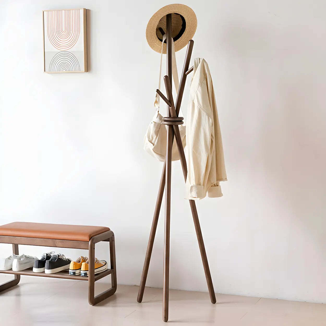 Rustic Tripod Wood Freestanding Hall Tree — White