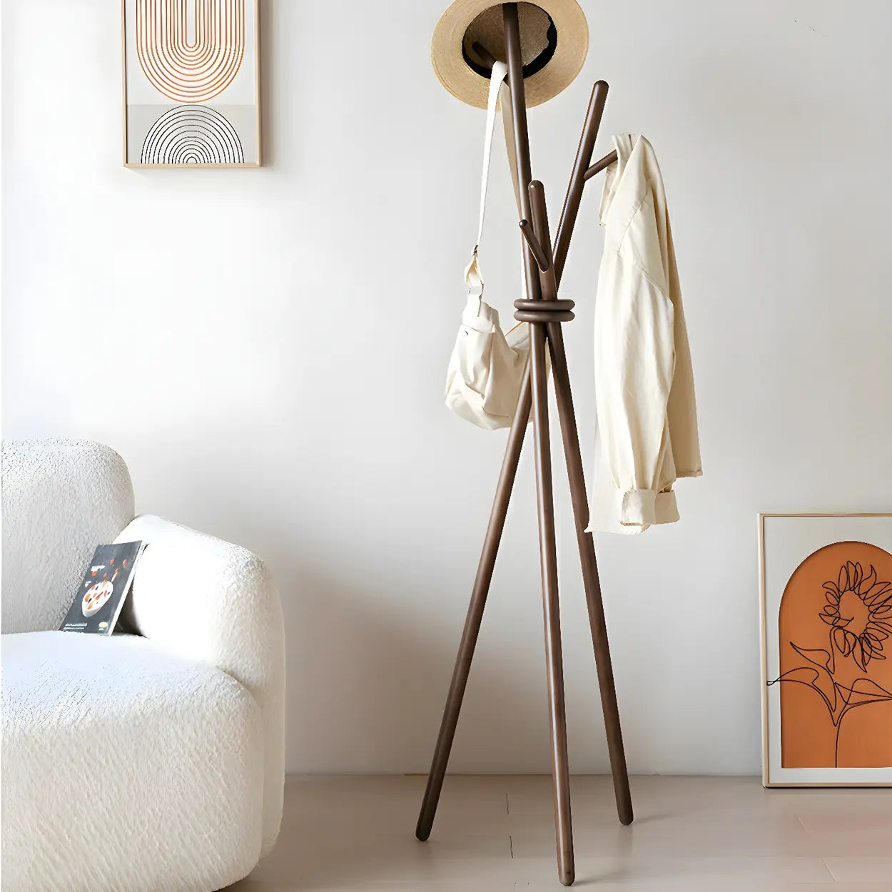 Rustic Tripod Wood Freestanding Hall Tree — Light Brown