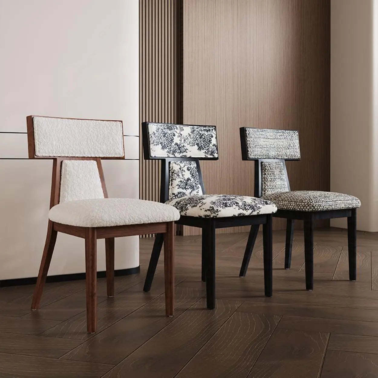 Rustic Upholstered Walnut Timber Armless Dining Chair — Black