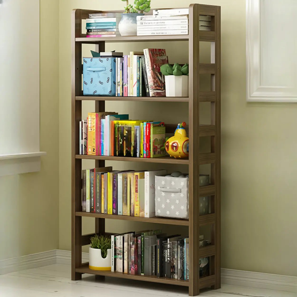 Rustic Wooden Open Display Bookshelf — Walnut