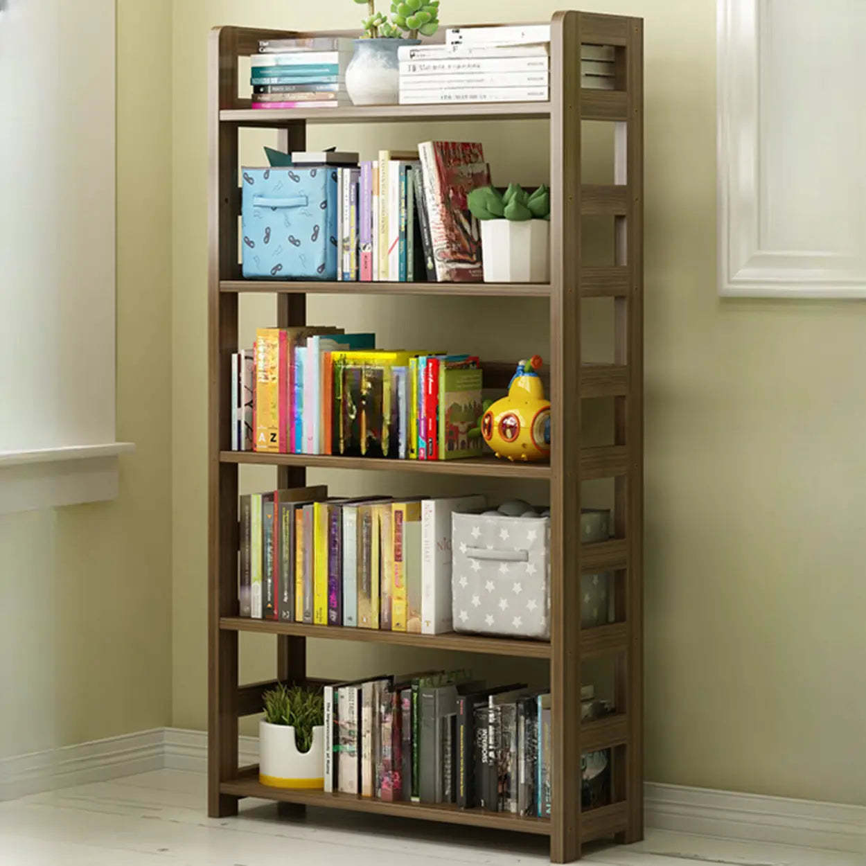 Rustic Wooden Open Display Bookshelf — Walnut