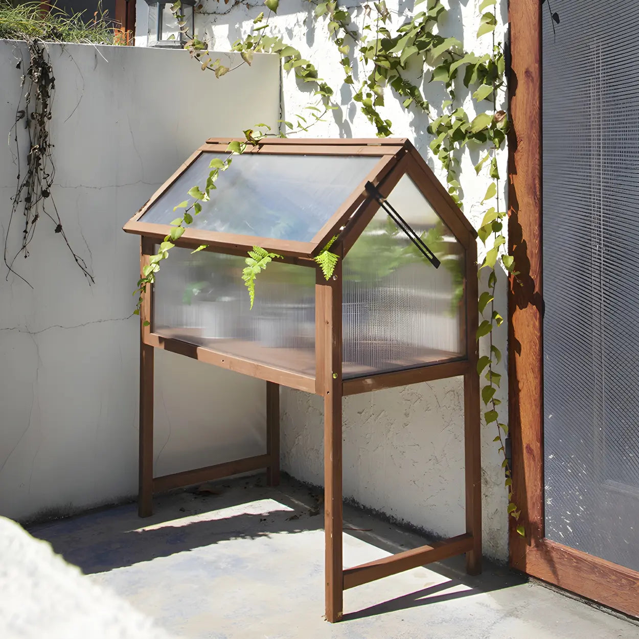 Rustic Wood Compact Mini Greenhouse Balcony Plant Stand